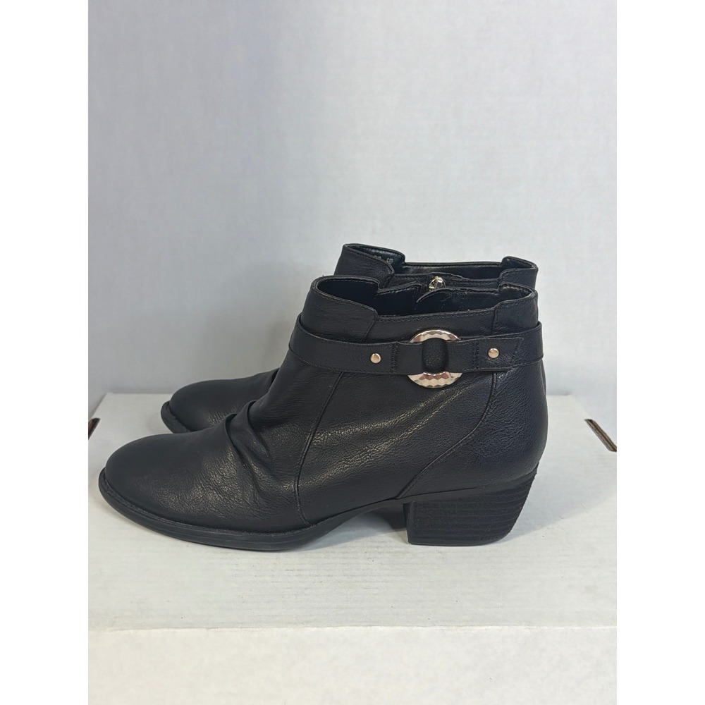 Dr. Scholls Janessa Black Ruched Ankle Boots Gold Ring Strap Block Heel 10M - Picture 2 of 10